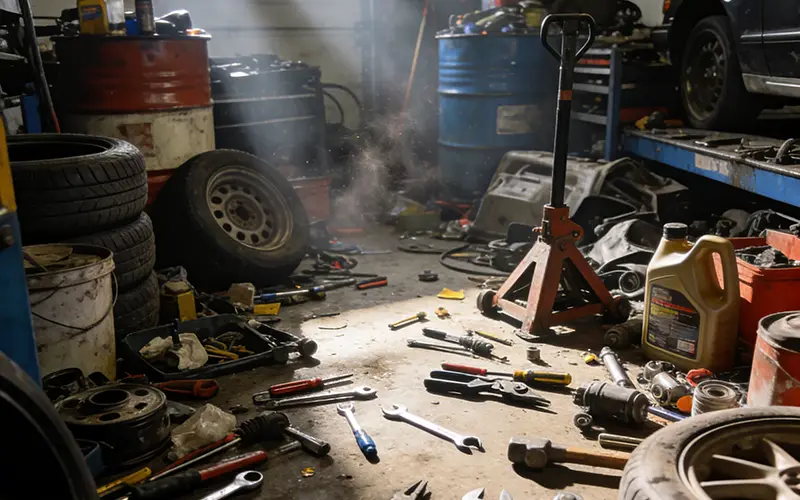 A cluttered car workshop