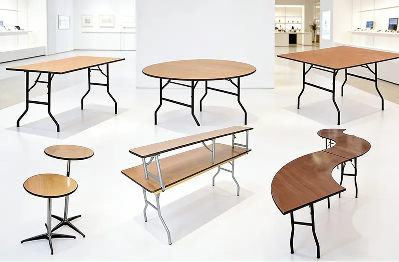 Various wooden tables are placed in the exhibition hall